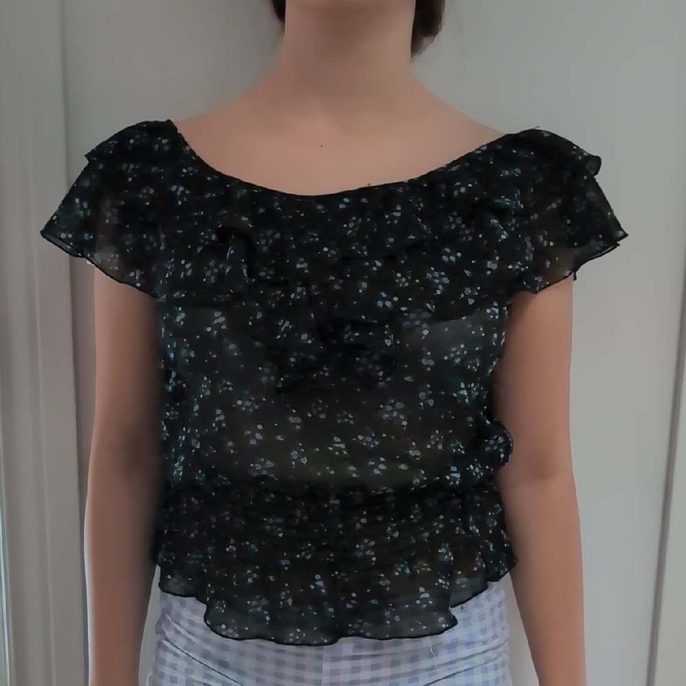 Max Azria- Miley Cyrus- Y2K Sheer Floral Black Ruffle Off Shoulder Top XS